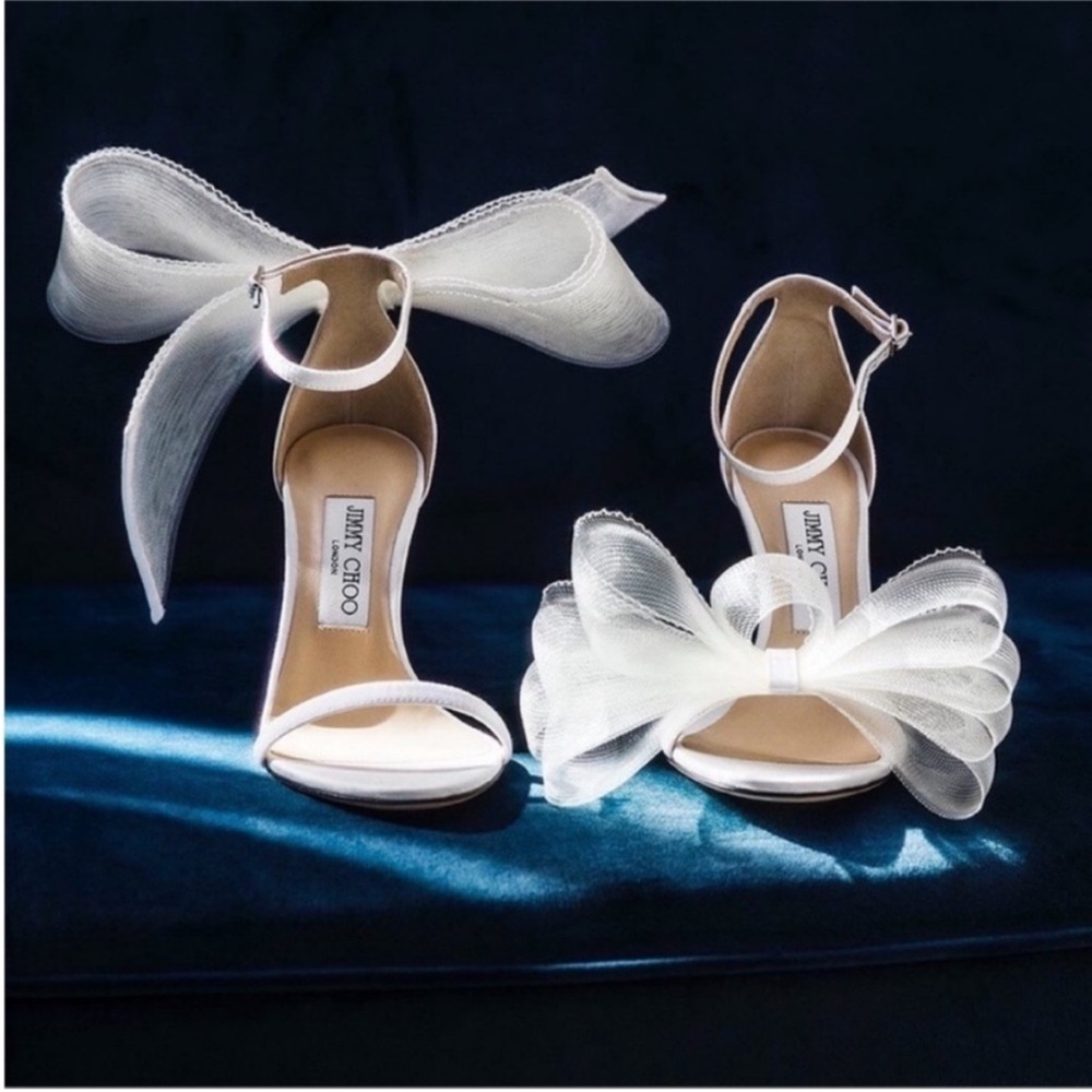 EUC Jimmy Choo Aveline 100 Latte Sandals Asymmetric Grosgrain Fascinator Bow